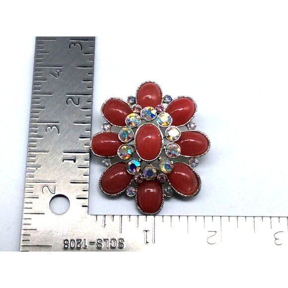 Vintage-Inspired Red Floral Rhinestone Brooch Pin Silver Tone Backing - Picture 4 of 5